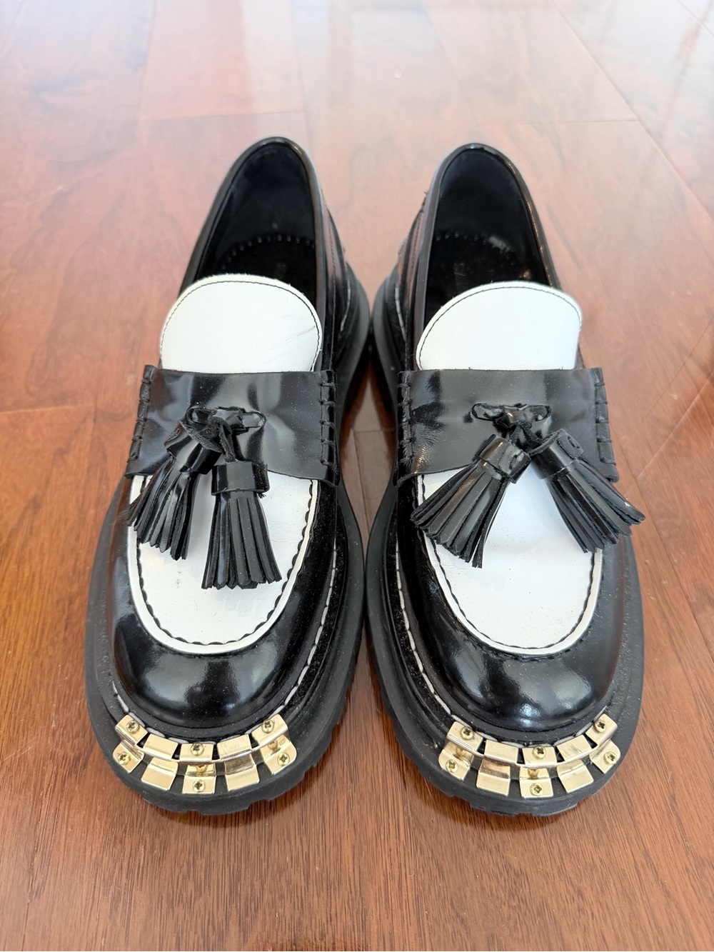 Sandro Jackson Black White Leather Tassel Chunky Lug Sole Loafers 37 - Picture 2 of 6